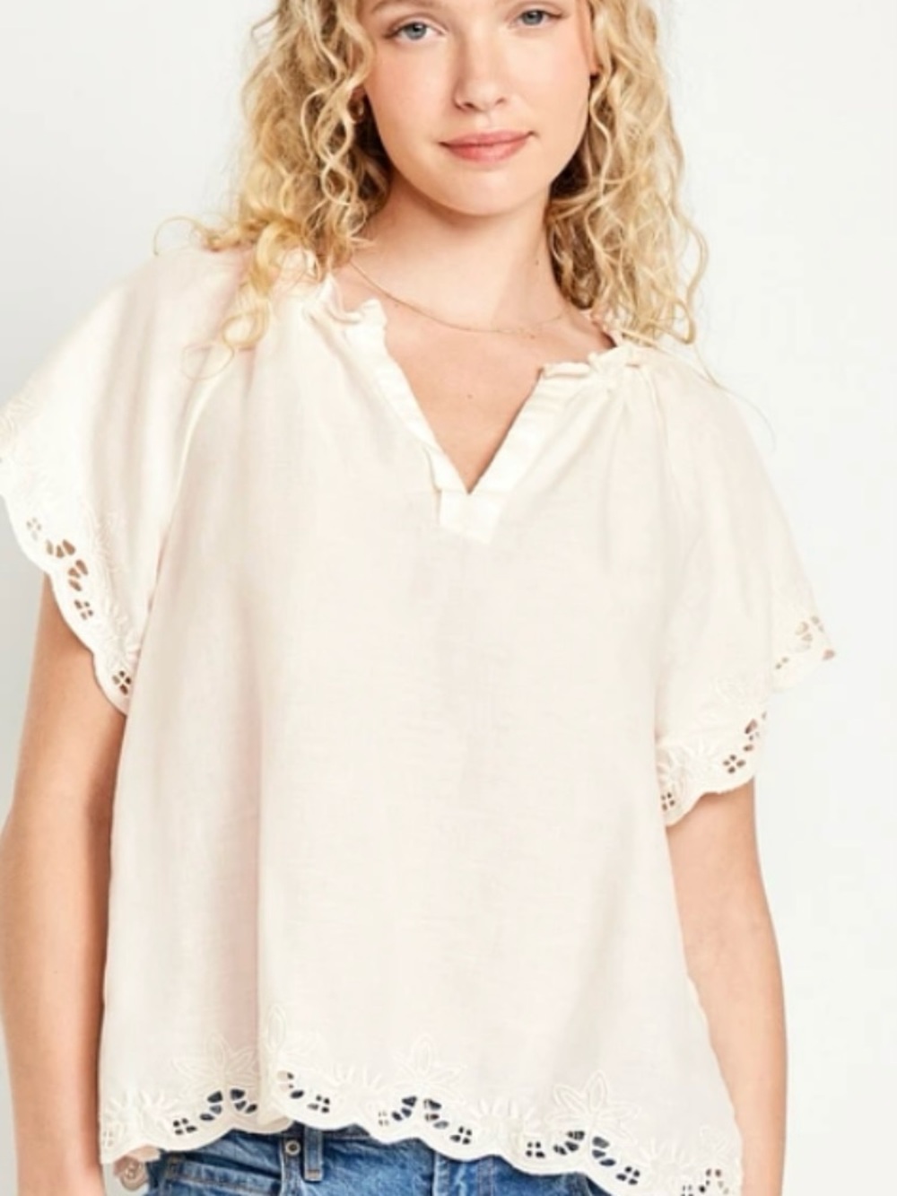 NWT Old Navy Sz L Relaxed Fit Cream Eyelet Embroidered Peasant Blouse Pd $45